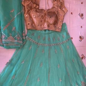 Teal Greenish and Gold Lehenga Long Skirt Crop Top